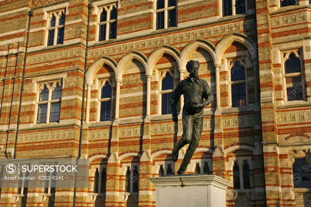 England, Warwickshire, Rugby. Statue of William Webb Ellis outside Rugby School in Warwickshire.
