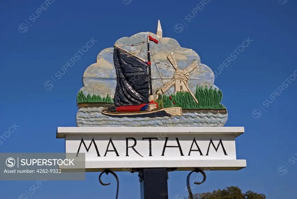 England, Norfolk, Martham. The village sign at Martham in Norfolk.