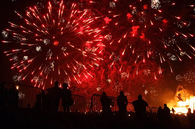 Scotland, City of Edinburgh, Edinburgh. Fireworks at the Calton Hill Bonfire in Edinburgh.