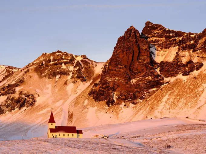 Vik church in Iceland in winter.