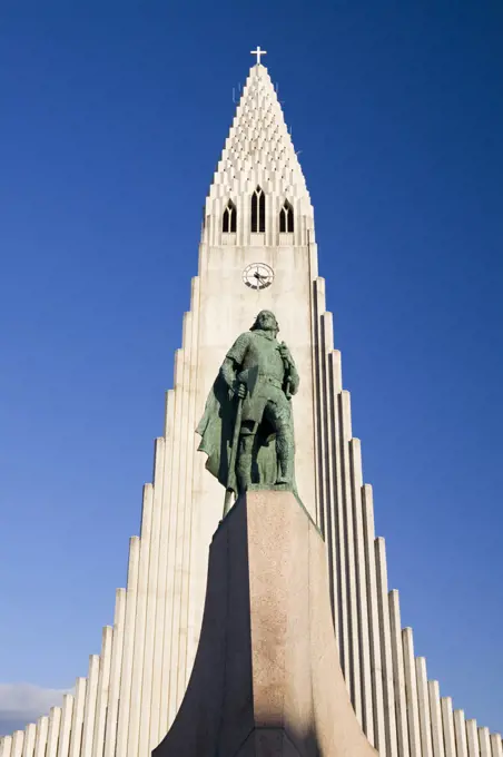 Leif Eriksson and the Hallgrimskirka in Reykjavik in Iceland.