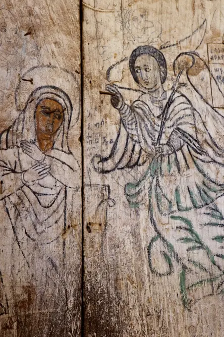 Wall murals in the interior of the 16th century Christian monastery and church of Azuwa Maryam by Lake Tana in Ethiopia.