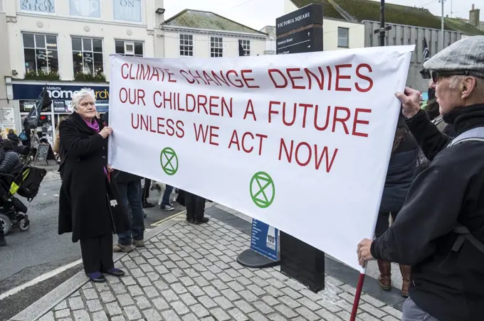 A protest by members of Extinction Rebellion in Truro City centre in Cornwall.