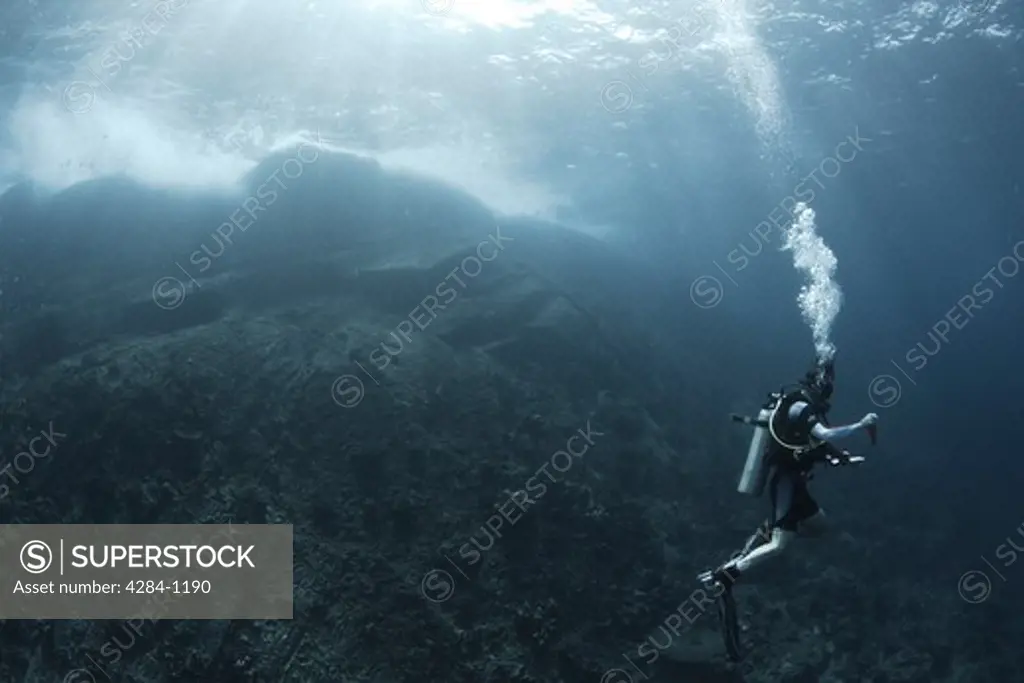 Underwater view of a scuba diver, Similan National Reserve, Richelieu Rock, Andaman Sea, Thailand