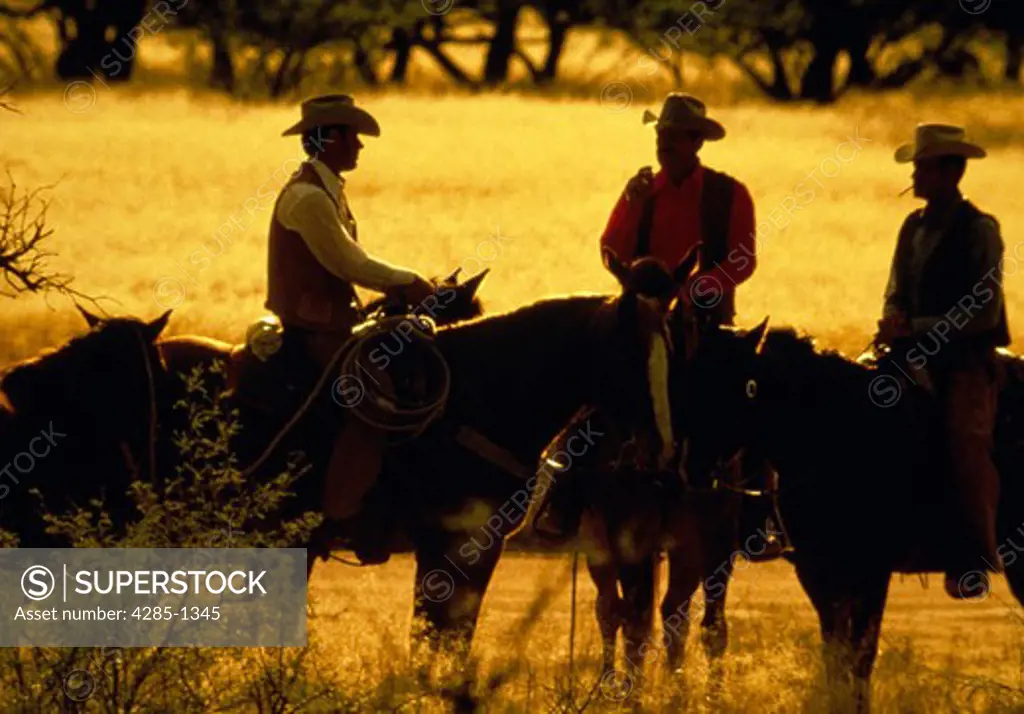 Silhouette of three cowboys on horses talking together at sunset.