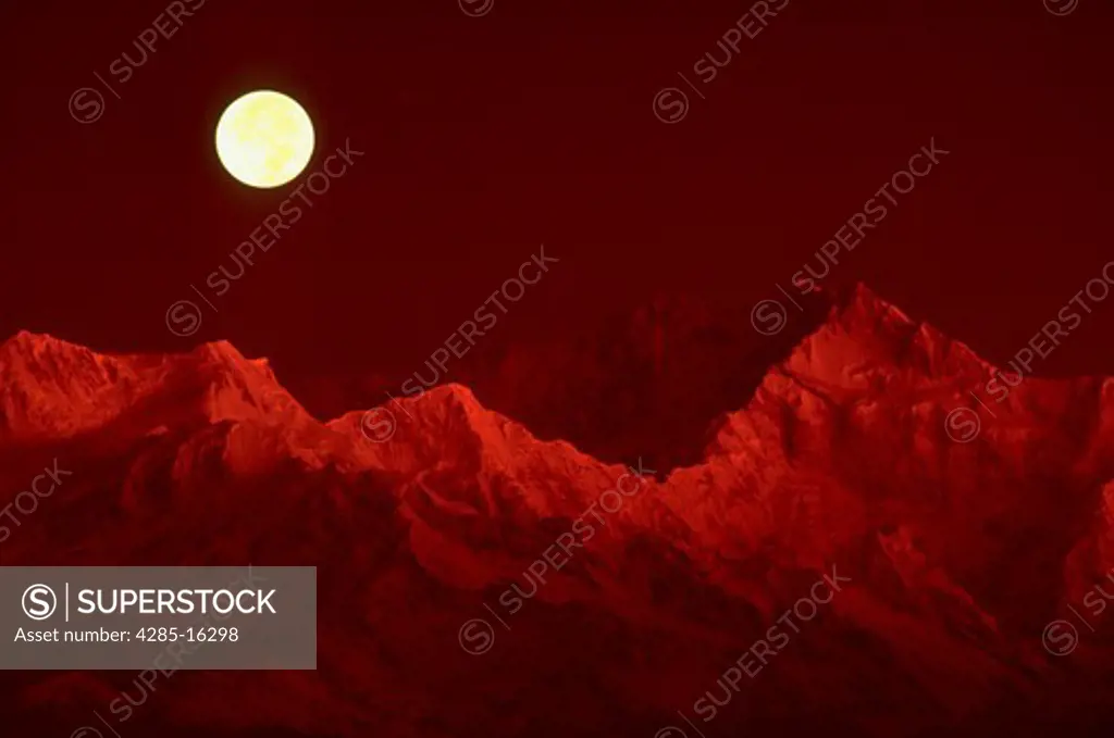 Moon over Mr. Kanchenjunga  Taken from Darjeeling, India, looking into Nepal.