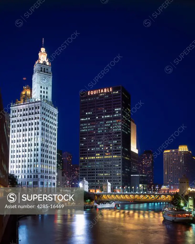 Wrigley Building and Chicago River, Chicago, Illinois at night