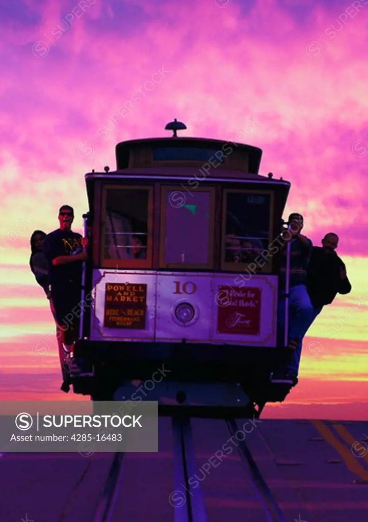 Cable car in San Francisco, California at sunset