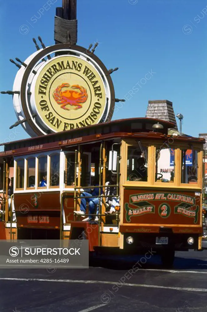 Fisherman's Wharf sign and cable car in San Francisco, California