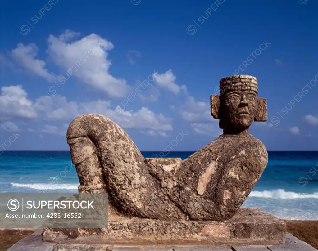 Mayan Chac Mool Statue and Beach in Cancun, Quintana Roo, Yucatan Peninsula, Mexico