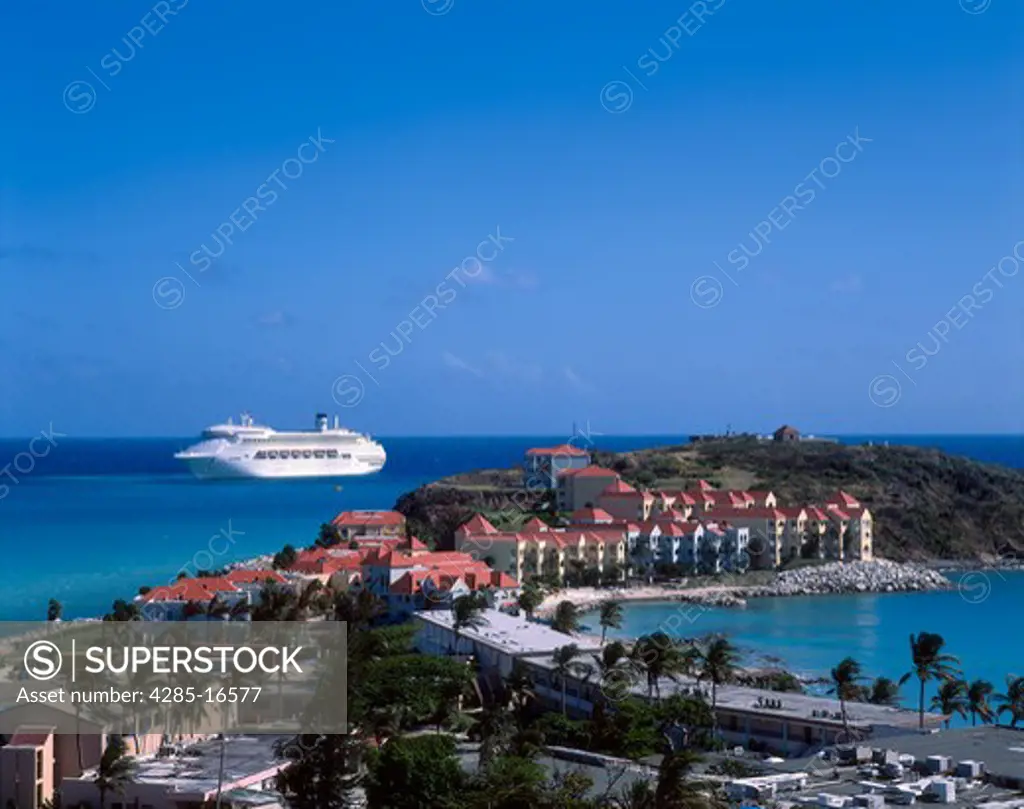 Great Bay and Little Bay harbors and cruise ship in Sint Maarten, West Indies