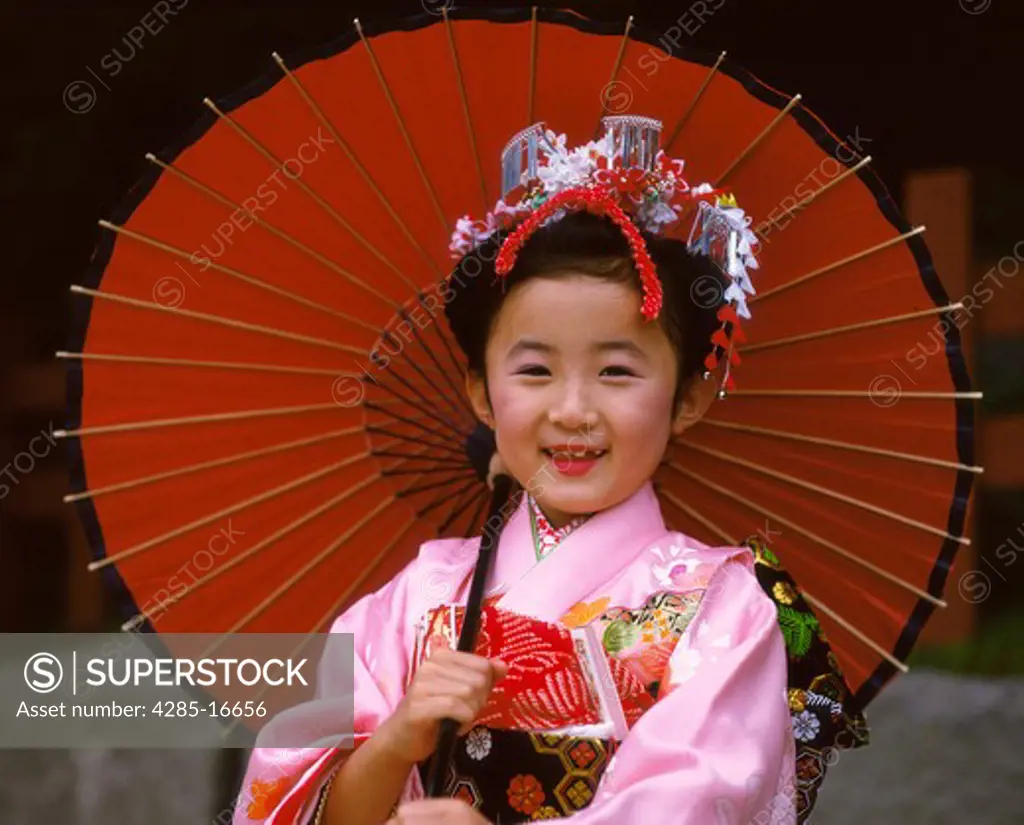 Child in Kimono for Shichigosan Festival for 3,5,7 Year Old girls in Japan