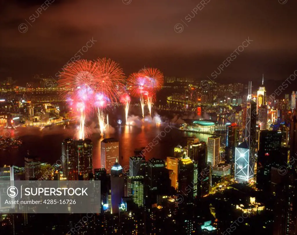 Victoria Harbor and Fireworks from Victoria Peak showing skyline of Special Administration Region, Hong Kong, China