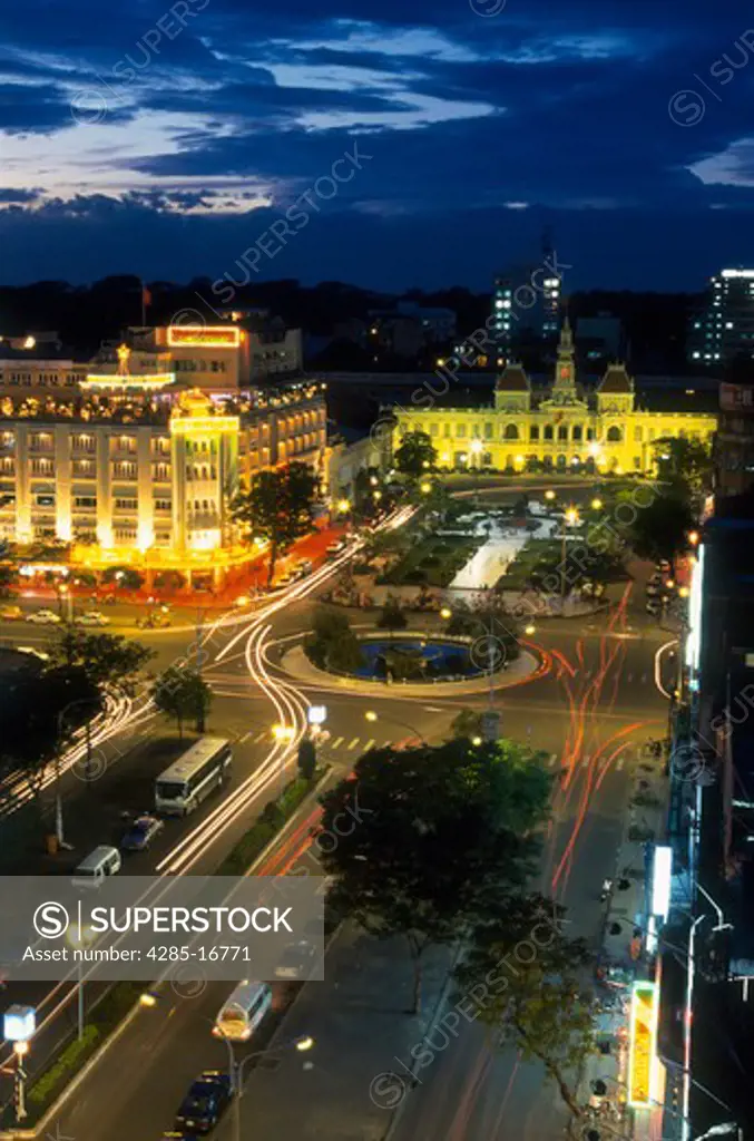 Skyline showing People's Committee Building and Rex Hotel, Ho Chi Minh City, Vietnam at night