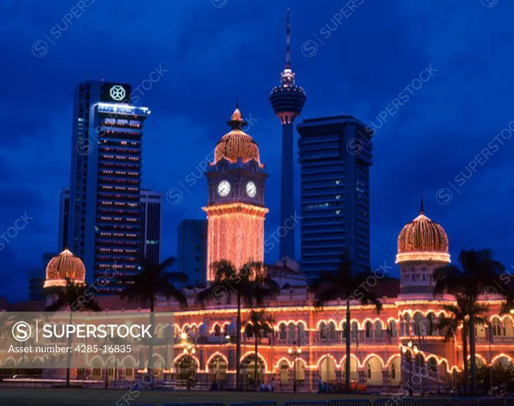 Sultan Abdul Samad Building , Supreme Court and K.L. Tower at night, Kuala Lumpur, Malaysia