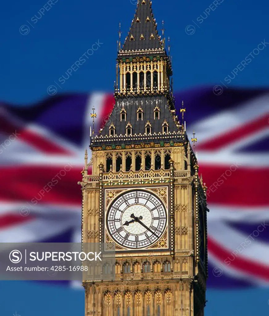 Big Ben and United Kingdom Flags, London, United Kingdom ( Great Britain )