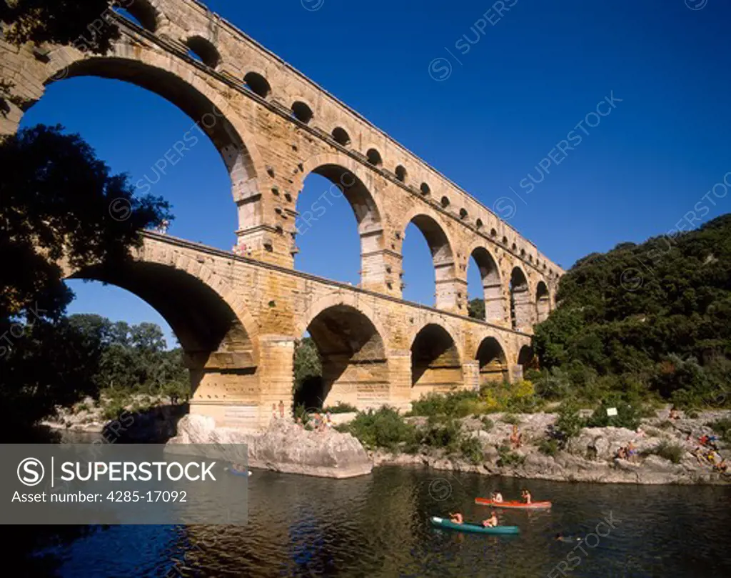 Pont du Gard over the Rhone River in Avignon, France.  Roman style bridge