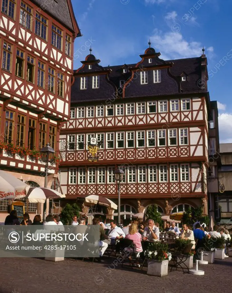 Outdoor Cafe and Medieval Houses Romerburg Place, Romer Place, Frankfurt A.M. ( on the Main River ), Germany
