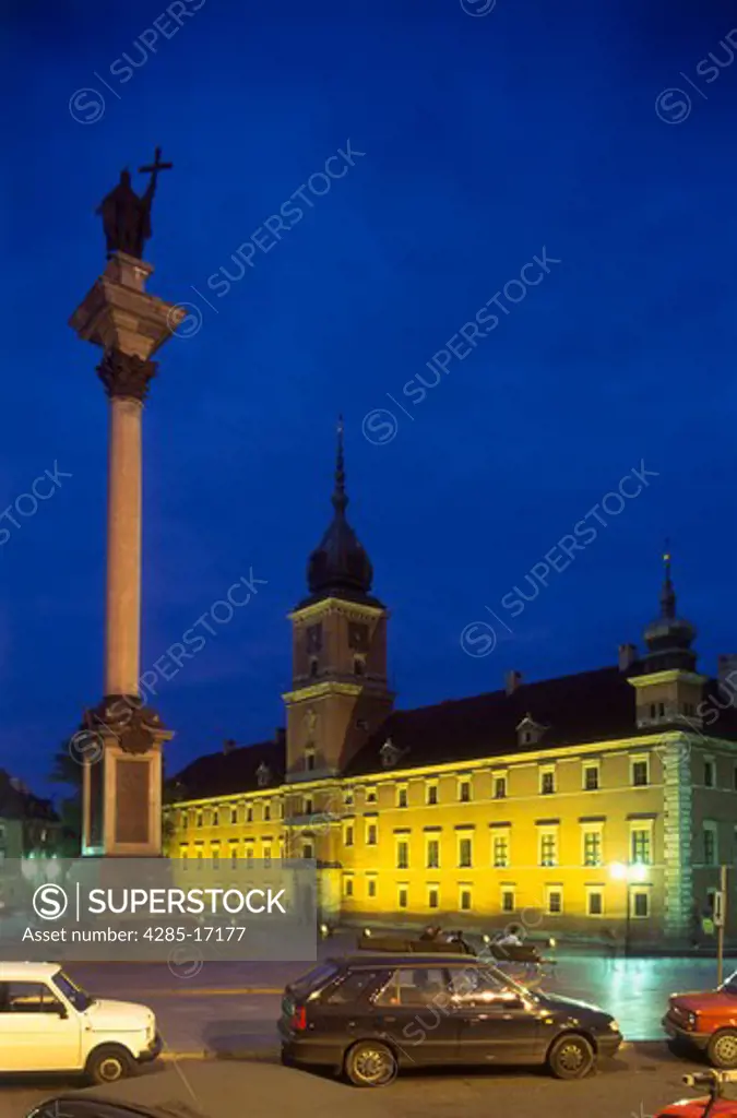 Royal Castle and Column of Sigismund 3rd at night, Castle Square Vasa, Old town, Warsaw, Poland