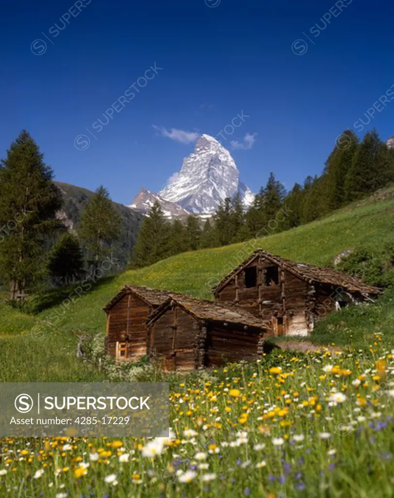 The Matterhorn and Traditional Houses, Valais, Switzerland