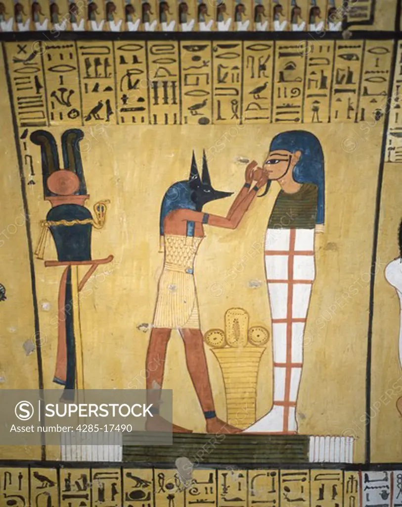 Painting Depicting Jackal Headed God Anubis from the Tomb of Artisan Inherkha at  Dier el Medina, Luxor, Egypt