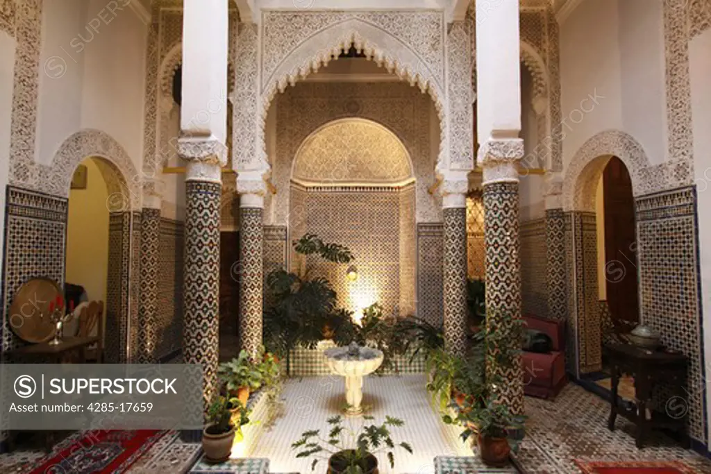 Africa, North Africa, Morocco, Rabat, Rabat-Sale, Riad Dar El Mouhit, Interior Patio, Courtyard, Water Fountain