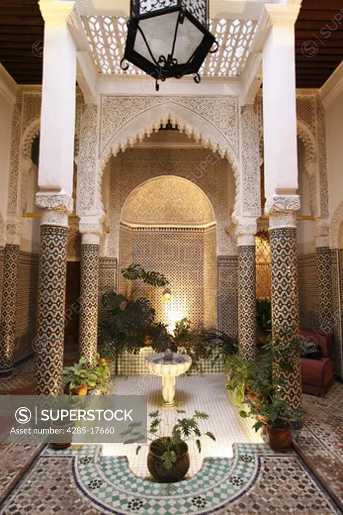 Africa, North Africa, Morocco, Rabat, Rabat-Sale, Riad Dar El Mouhit, Interior Patio, Courtyard, Water Fountain
