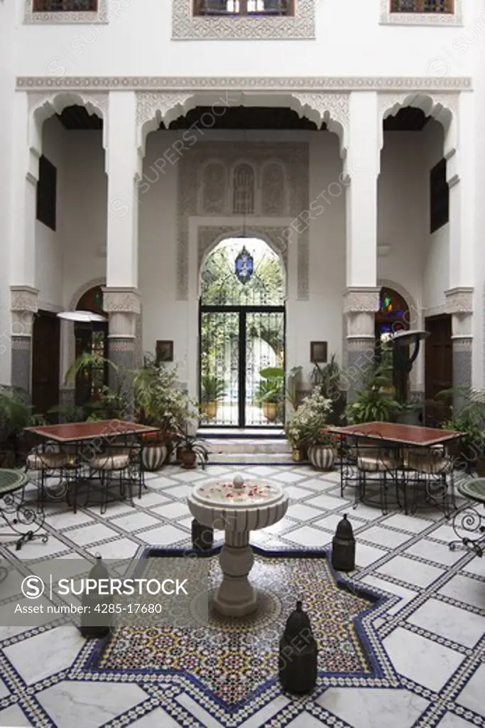 Africa, North Africa, Morocco, Fes, FŠs, Medina, Riad Norma, Hotel, Interior Patio, Courtyard, Water Fountain