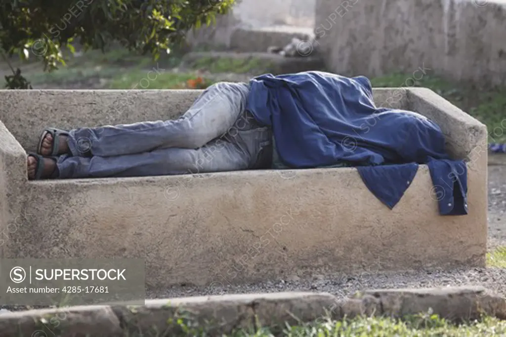 Africa, North Africa, Morocco, Fes, FŠs, Medina, Man Sleeping, Park Bench