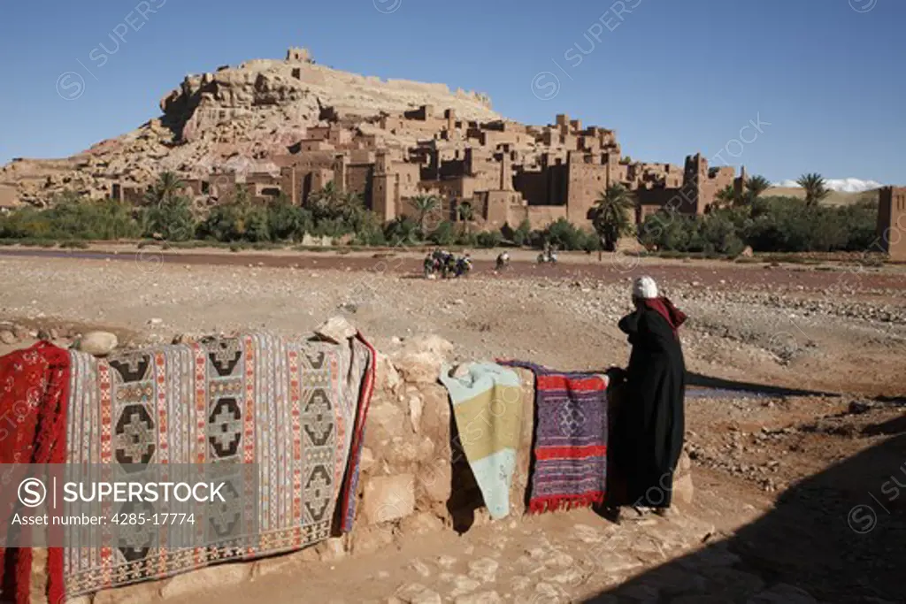 Africa, North Africa, Morocco, Atlas Region, Ouarzazate, Ait Benhaddou, Kasbah, Carpet Vendor