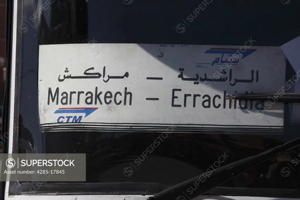 Africa, North Africa, Morocco, Atlas Region, Bus Window, Marrakech to Errachidia Sign