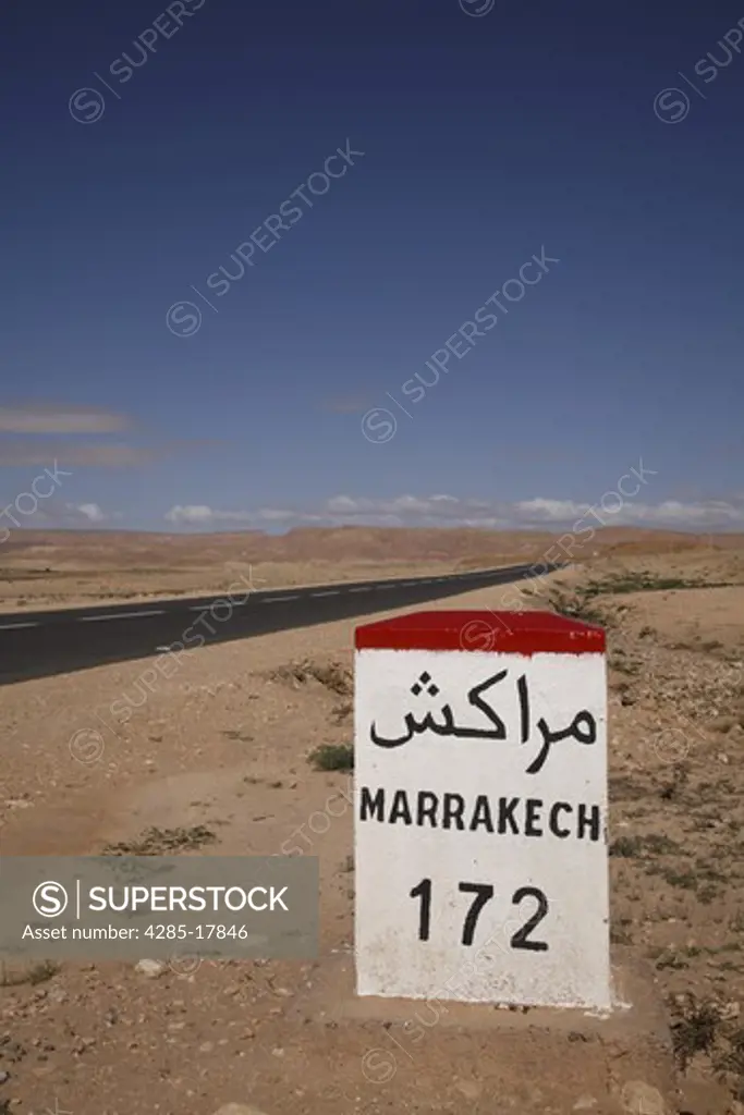 Africa, North Africa, Morocco, Atlas Region, Desert, Marrakech Road Sign, 172 km