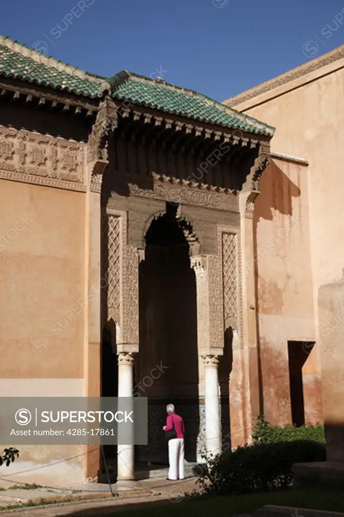 Africa, North Africa, Morocco, Marrakech, Lower Medina, Kasbah, Saadian Tombs, Columned Arch, Tourist, Woman