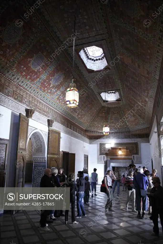 Africa, North Africa, Morocco, Marrakech, Medina, Mellah, Bahia Palace, Interior, Painted Wooden Ceiling