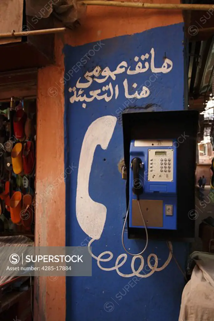 Africa, North Africa, Morocco, Marrakech, Medina, Public Telephone Booth