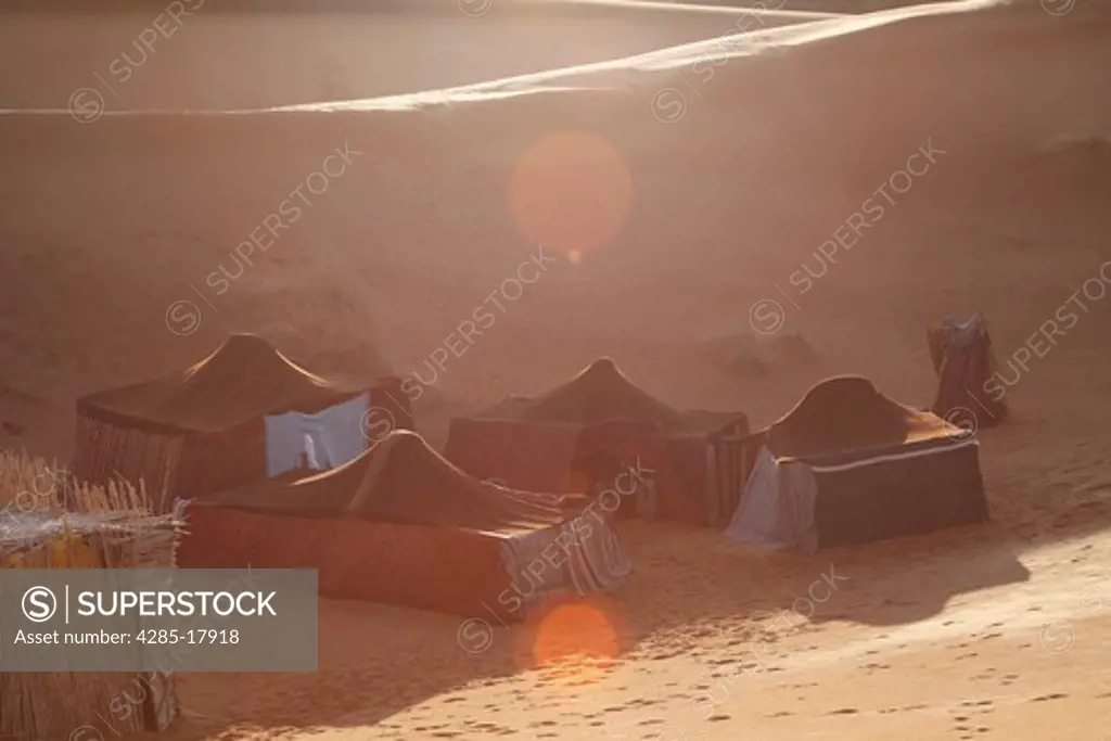 Africa, North Africa, Morocco, Sahara Desert, Merzouga, Erg Chebbi, Berber Tents, Sundown