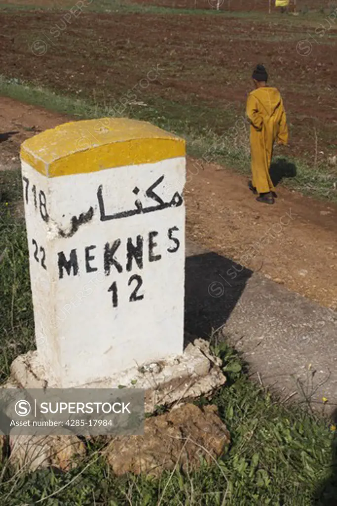 Africa, North Africa, Morocco, Meknes, Distance Sign on Side of Road