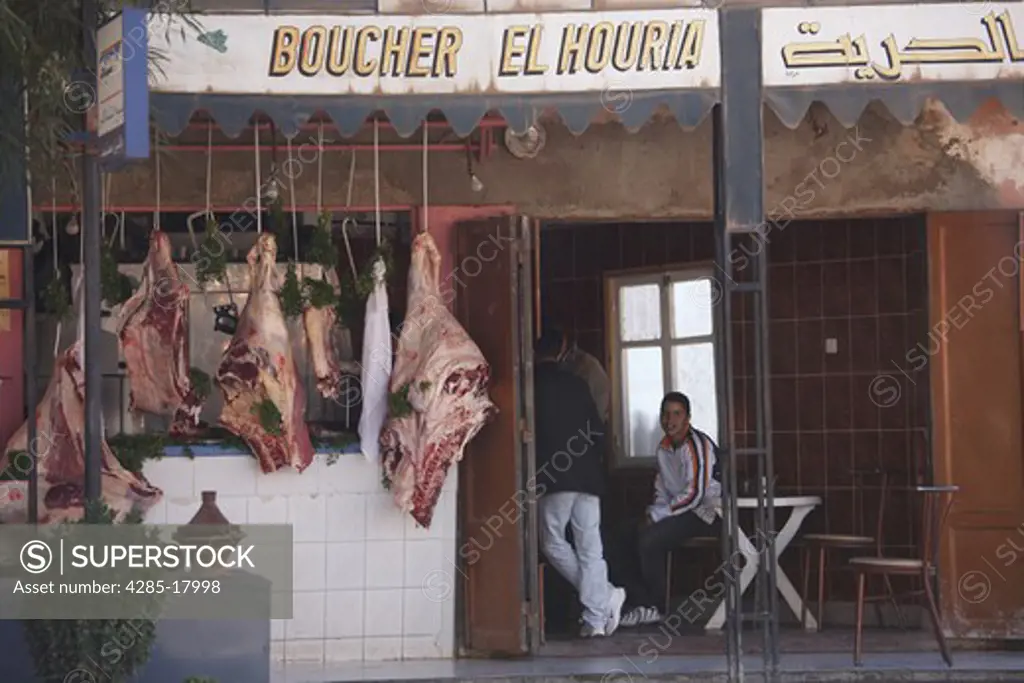 Africa, North Africa, Morocco, Atlas Mountains, Dades Valley, Dades Gorge, Boumalne Town, Butcher Shop, Raw Beef