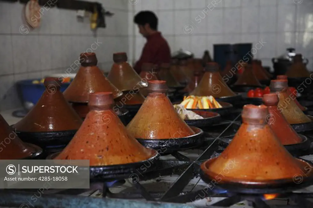 Africa, North Africa, Morocco, Atlas, Mountains, Dades Valley, Boumalne Town, Restaurant, Tajine Pots, Cooking on Gas Stoves