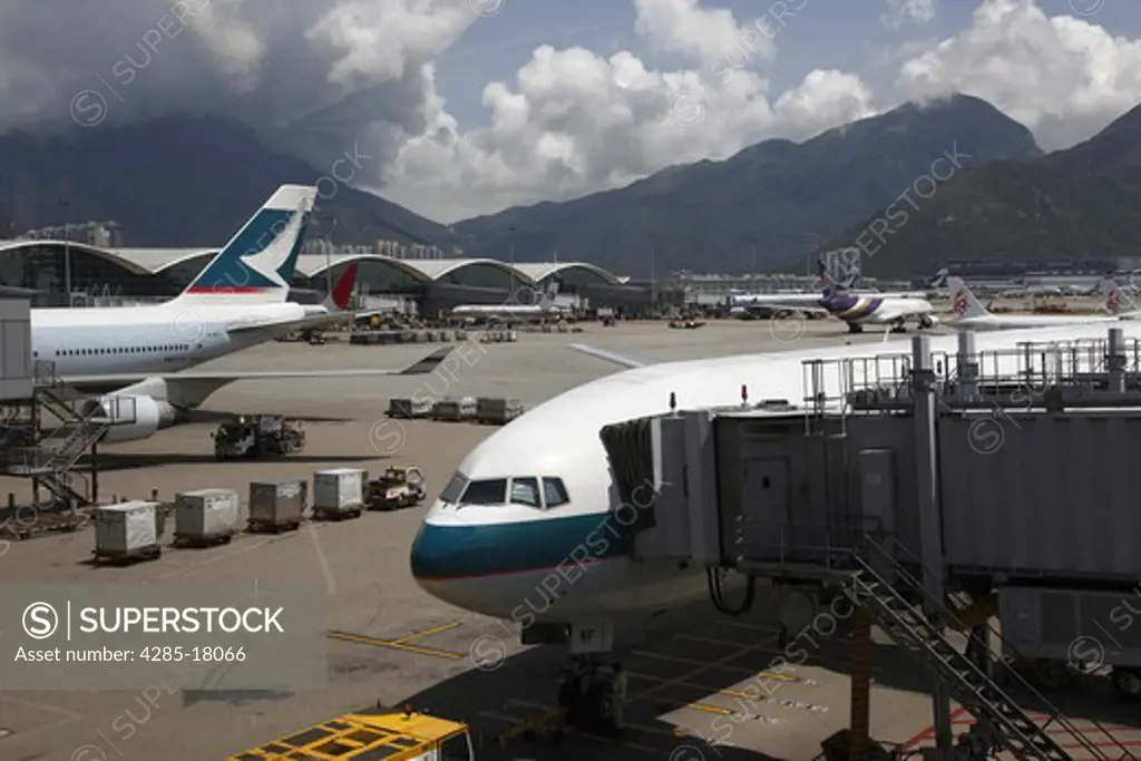 China, Hong Kong International Airport at Chek Lap Kok, Cathay Pacific Aircraft Docked at Terminal
