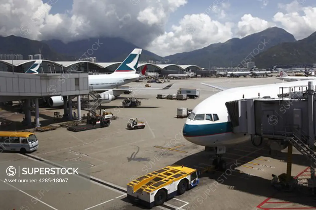 China, Hong Kong International Airport at Chek Lap Kok, Cathay Pacific Aircraft Docked at Terminal