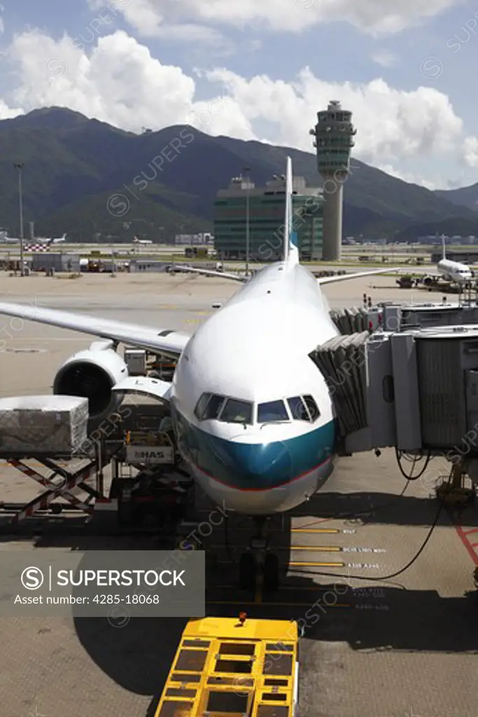China, Hong Kong International Airport at Chek Lap Kok, Cathay Pacific Boeing 777 Docked at Terminal