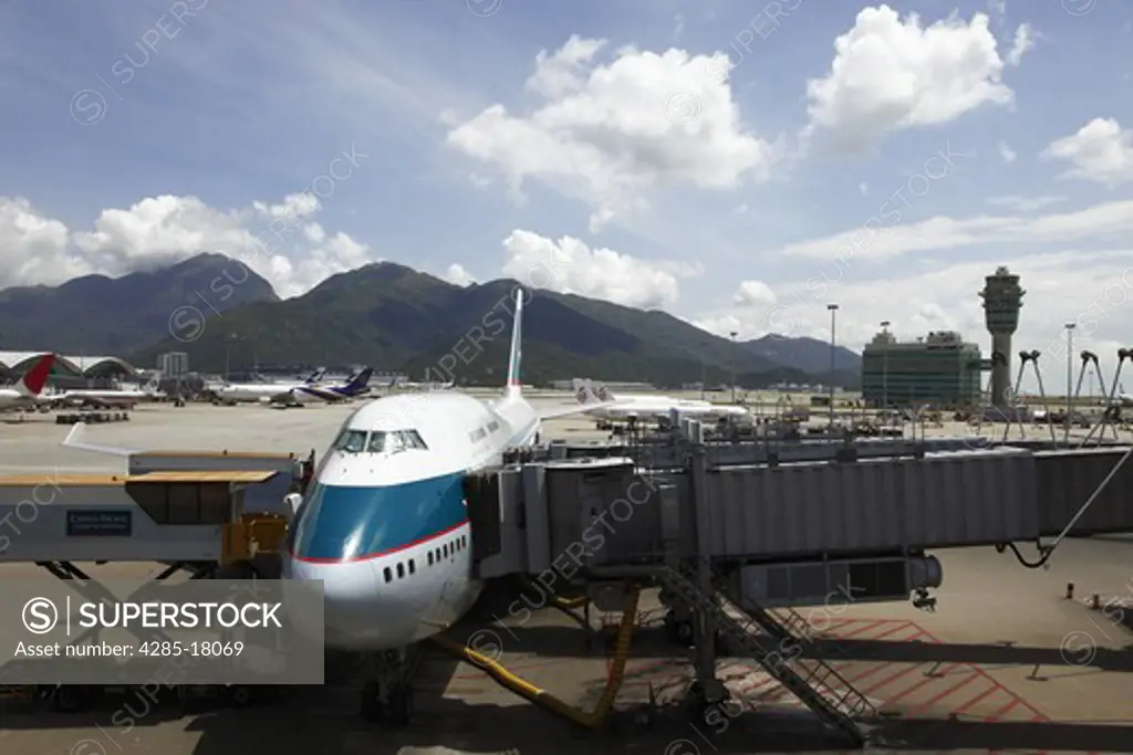China, Hong Kong International Airport at Chek Lap Kok, Cathay Pacific Boeing 747 Aircraft Docked at Terminal