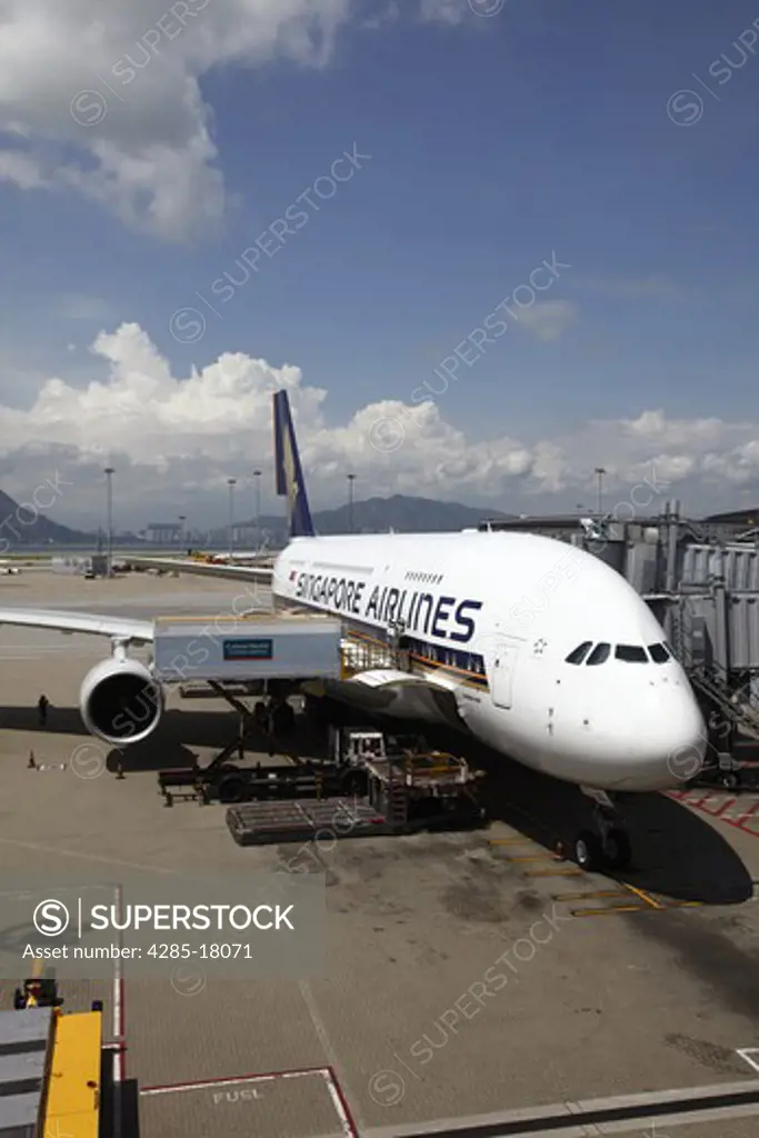 China, Hong Kong International Airport at Chek Lap Kok, Singapore Airlines Airbus A380 Aircraft Docked at Terminal