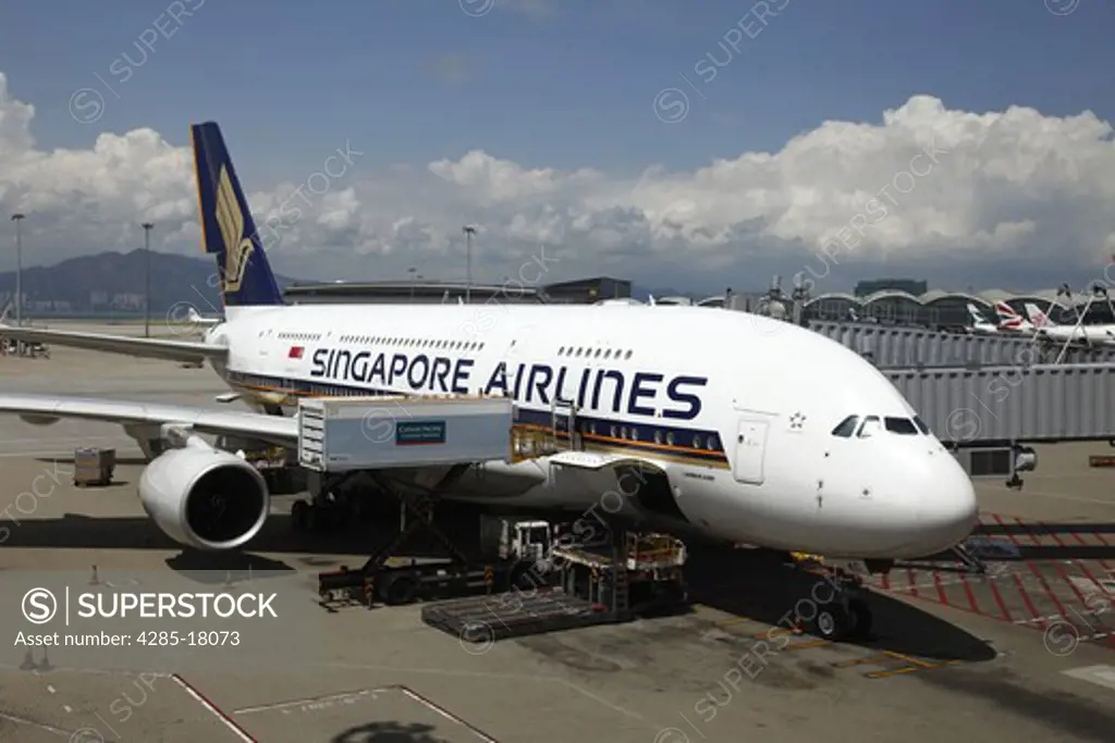 China, Hong Kong International Airport at Chek Lap Kok, Singapore Airlines Airbus A380 Aircraft Docked at Terminal