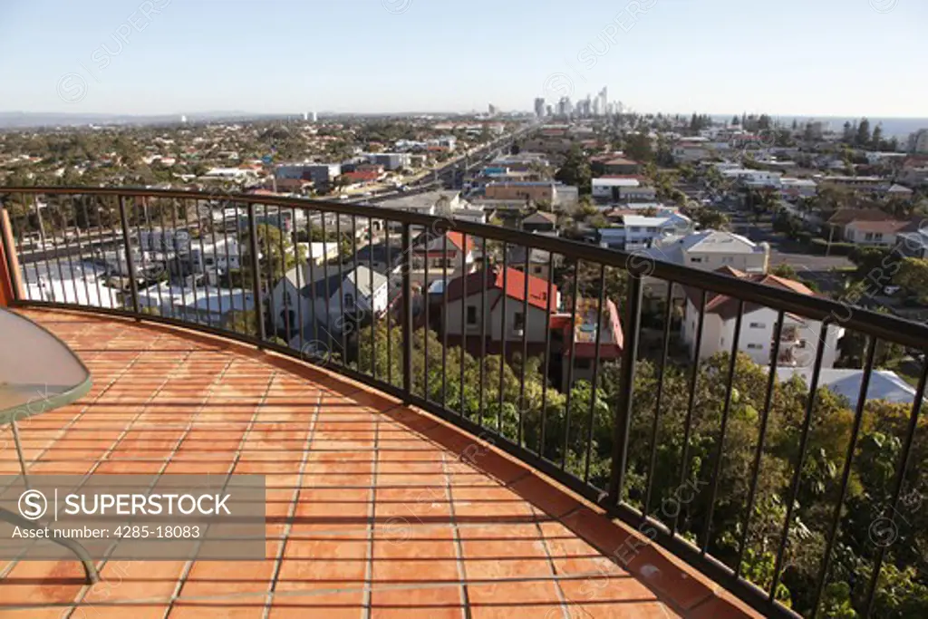 Australia, Queensland, Gold Coast Housing and Surfers Paradise Skyline from an Elevated Balcony