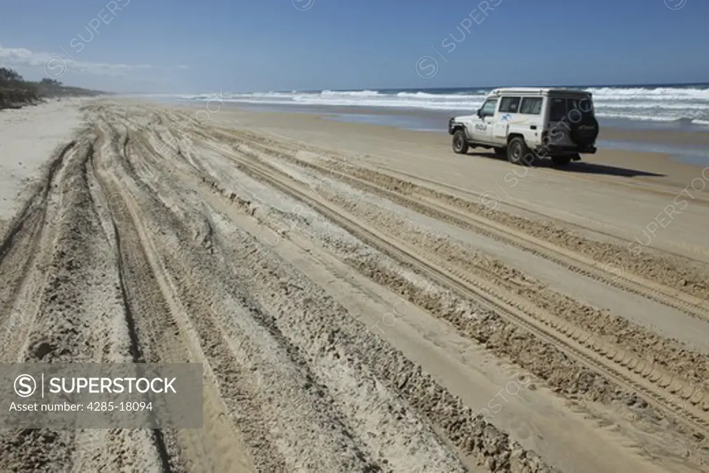 Australia, Queensland, Fraser Island, Recreational Vehicle Driving on the Sandy Beach