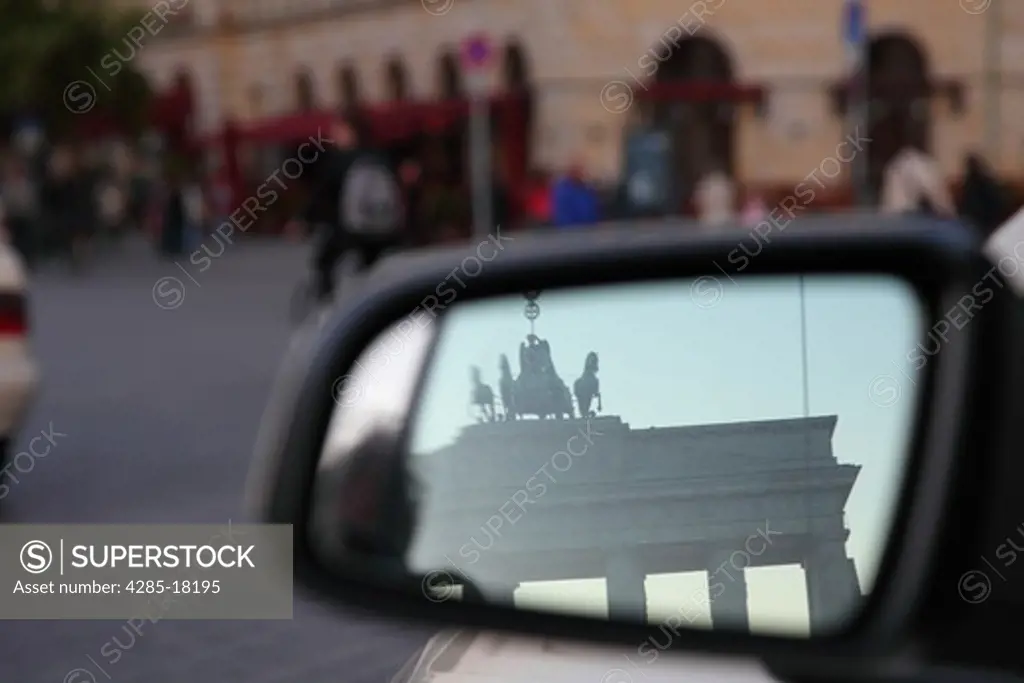 Germany, Berlin, Unter Den Linden, Pariser Platz, Brandenburg Gate, Brandenburger Tor, Reflection in Vehicle Rear View Mirror