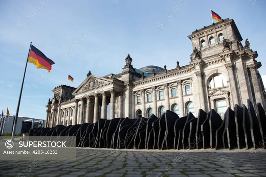 Germany, Berlin, Reichstag, German Parliament Building, Steel Sculpture by Dieter Appett, German Flag