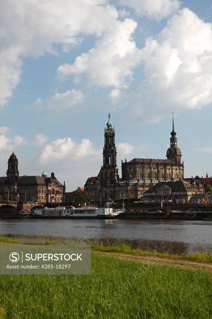 Germany, Saxony, Dresden, Old Town, Skyline, River Elbe, Hofkirche and Schloss, Castle